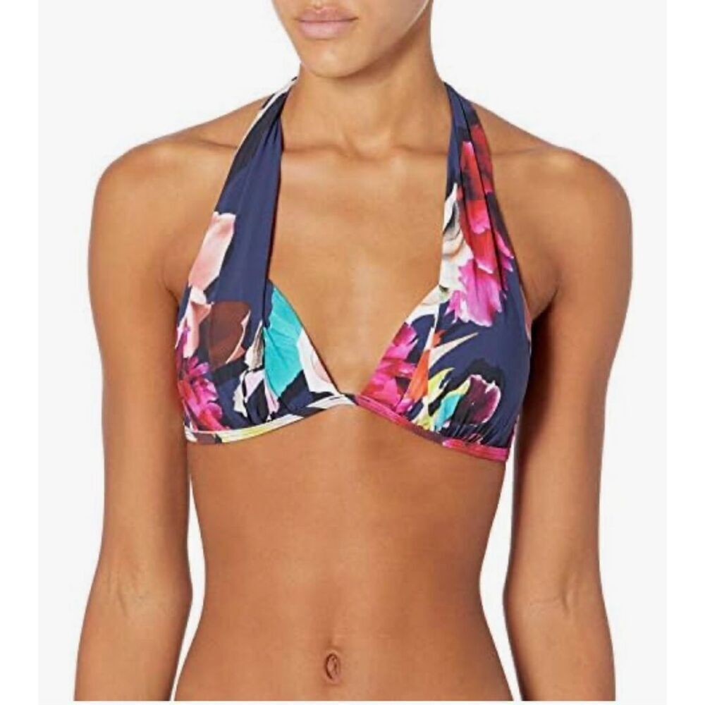 Kenneth Cole Navy Big Floral Push Up Halter Tie Bikini Set sz 36B/C Large EUC